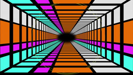 animation of moving tunnel of orange, pink and blue rectangle, on black