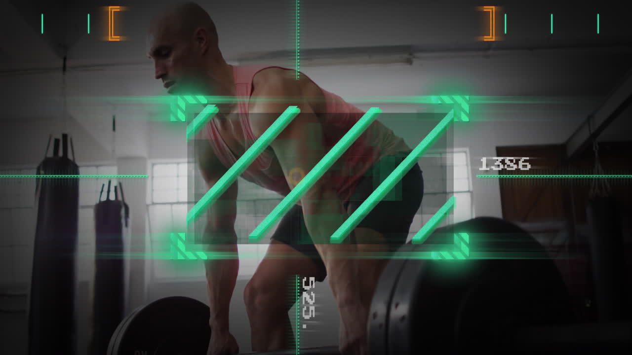 녹색 스캐너의 애니메이션과 체육관에서 무게를 들어올리는 백인 남성에 대한 데이터 처리