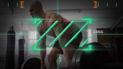 animation of green scanner and processing data over caucasian man lifting weights at gym