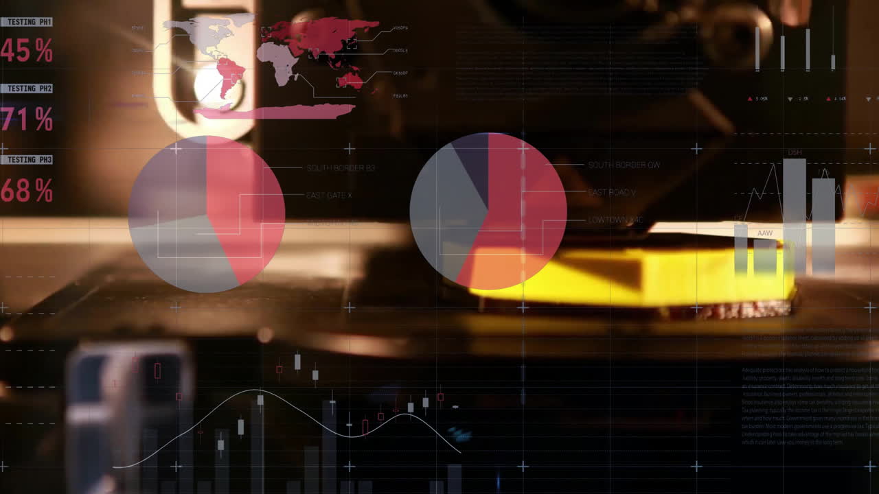 animación de estadísticas y procesamiento de datos sobre un fondo oscuro