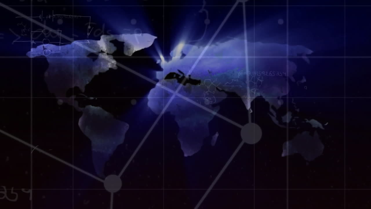 검은색 배경에 있는 세계 지도 위의 연결 네트워크의 애니메이션