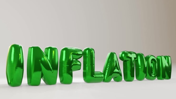 Testo inflazione con simbolo del dollaro che si gonfia e sale come un pallone, primo piano
