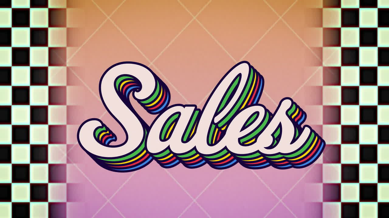Animation of sales text on pink diamond shape background and black and white checked borders