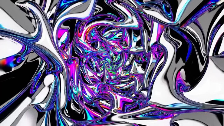 The video features a mesmerizing, abstract swirl of vibrant colors and metallic textures