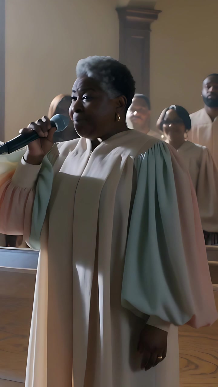 Vertical video: Mic lift cueing choir soloist singing into mic in church glass, robed for worship