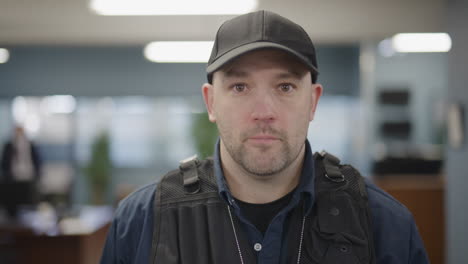 caucasian police officer putting on his hat in precinct