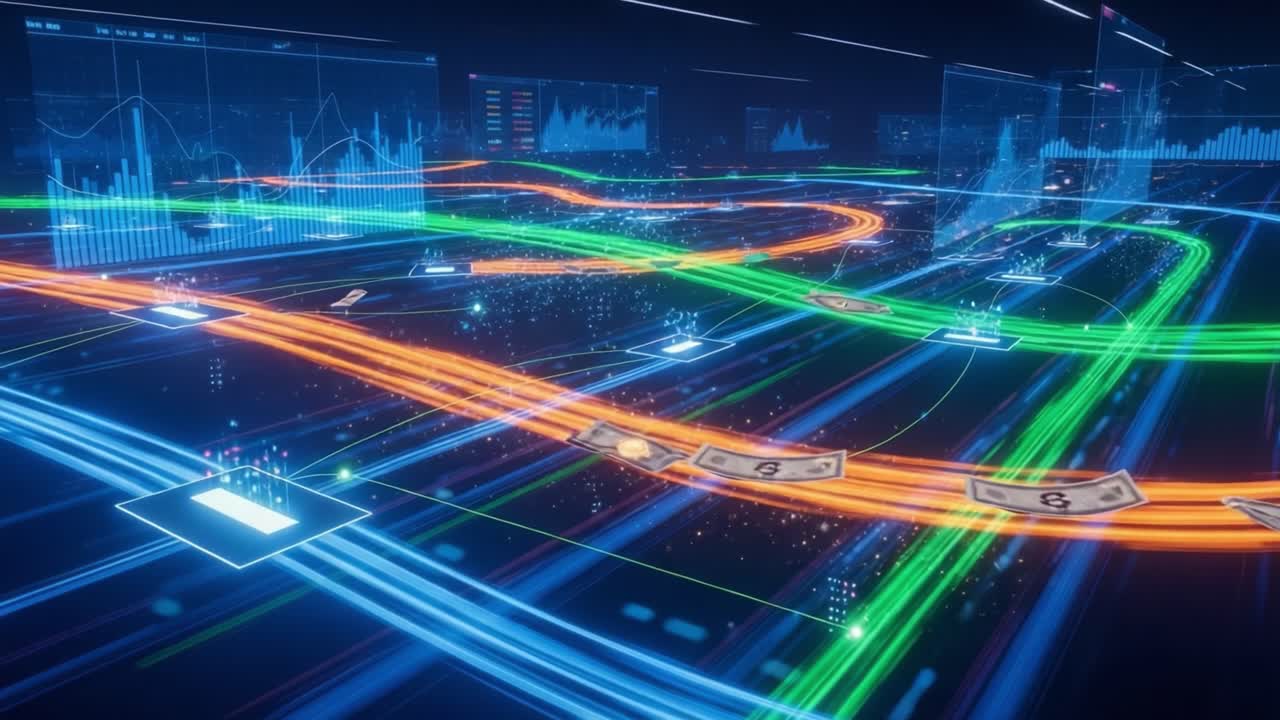 Dynamic Digital Landscape Showcasing Data Flow and Financial Transactions in a Vividly Animated Environment with Streams of Green, Blue, and Orange Lights