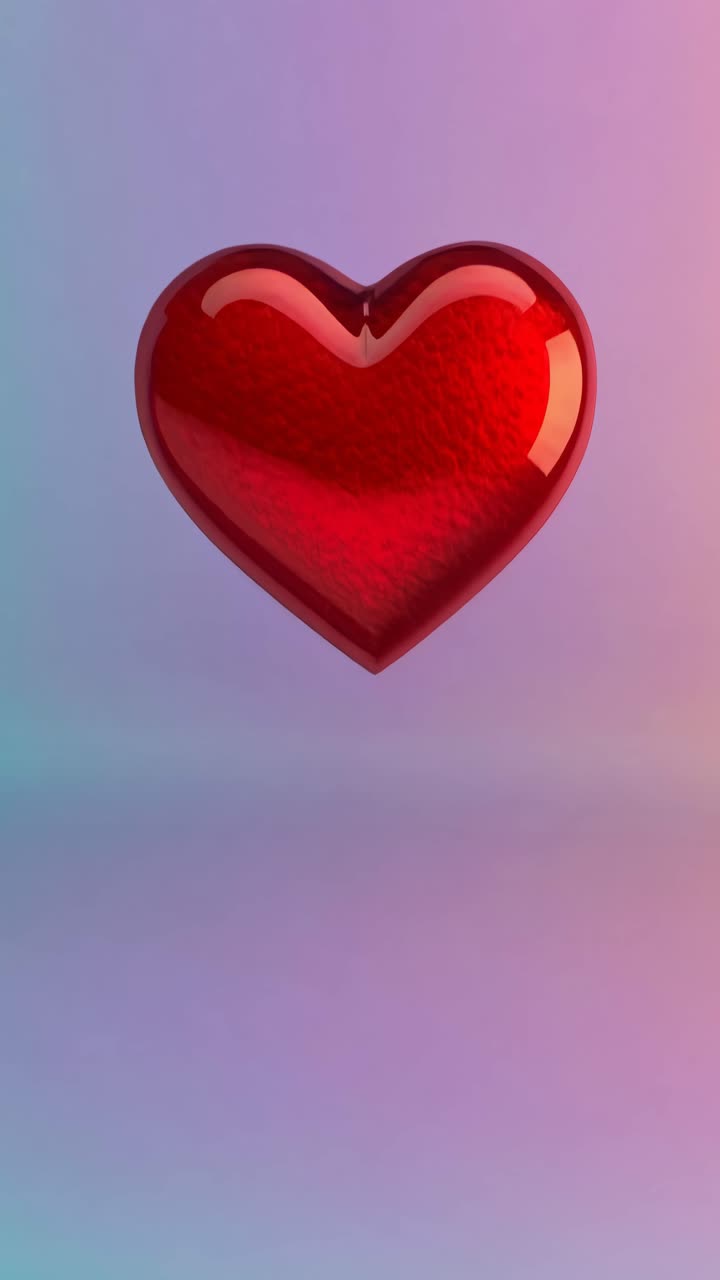 A 3D red heart floats against a pastel gradient background. The video captures it from a low-angle