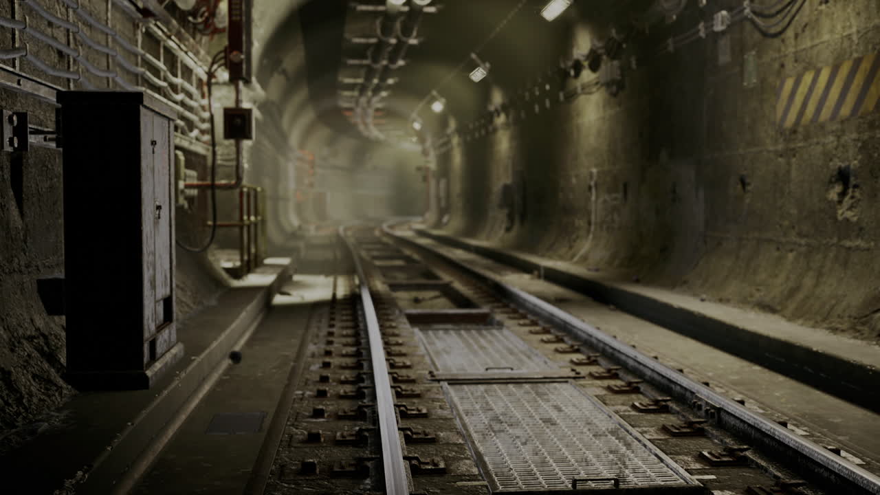 Exploring an abandoned underground tunnel with rusted tracks and dim lights