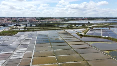 Luftaufnahme-Der-Traditionellen-Salinen-Von-Aveiro-In-Portugal