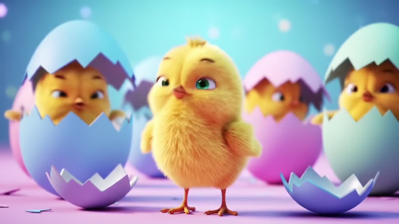 A Playful Scene of Colorful Easter Eggs and Adorable Chicks Hatching from Their Shells in a Festive Setting Full of Joy and Spring Vibes