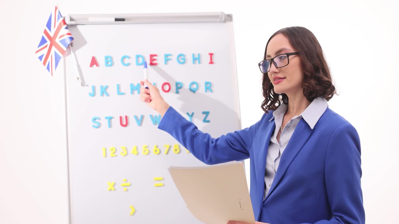 English teacher with whiteboard and letters