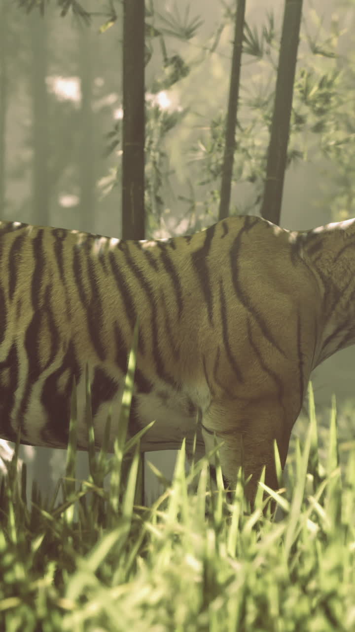 Majestic tiger walking through lush green forest during golden hour