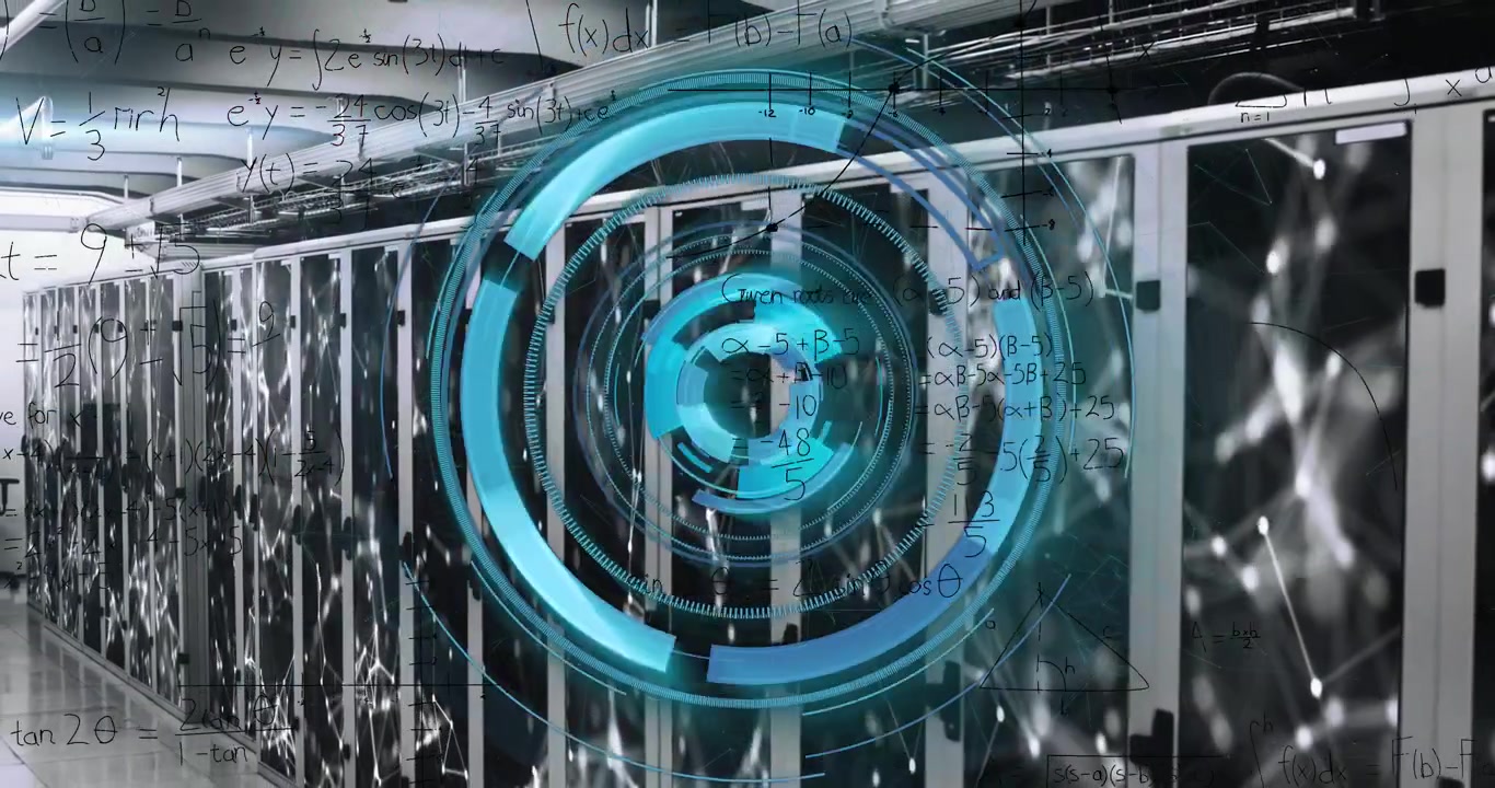 Animation of processing circle, connections and math formulas over servers