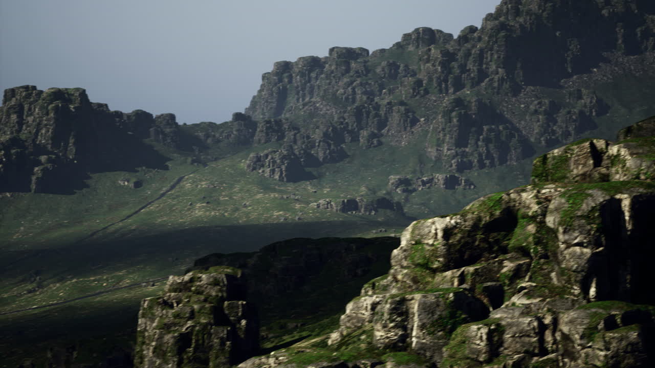 Majestic rocky mountains with lush greenery and subtle shadows at dusk