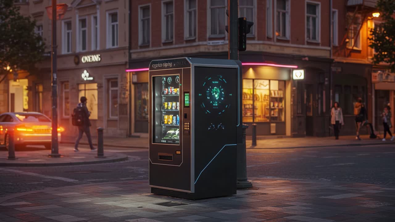 A Modern Vending Machine Stands Vibrantly Illuminated on a City Street, Offering Refreshments and Snacks to Passersby in a Lively Urban Setting