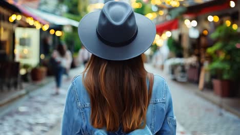 a woman in a blue hat is walking down the street