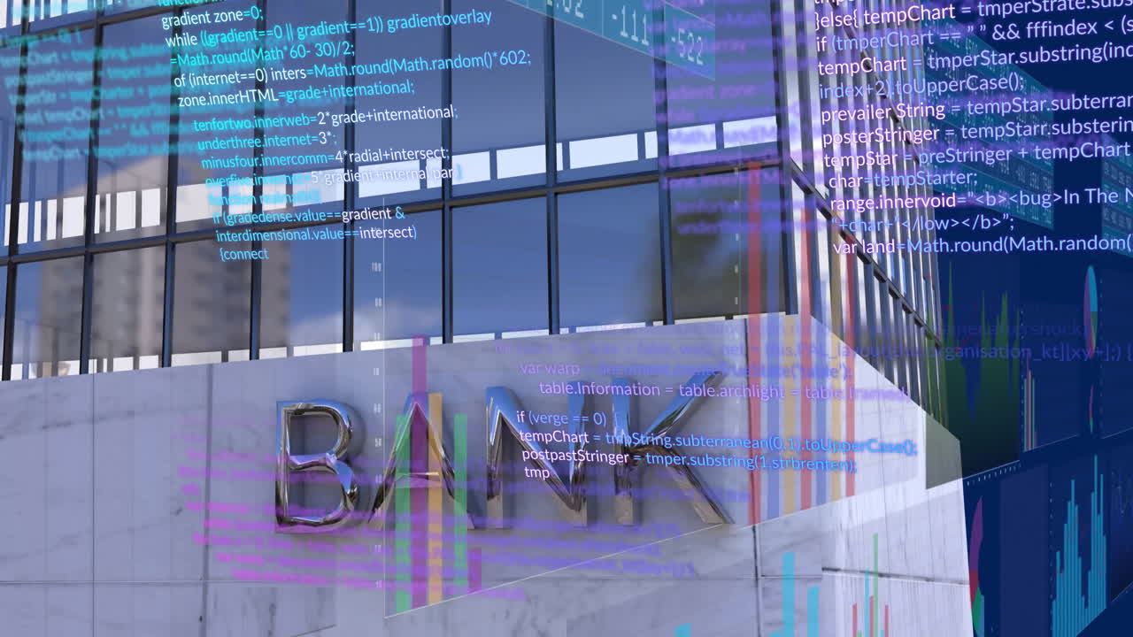 Animation of financial data processing over bank building