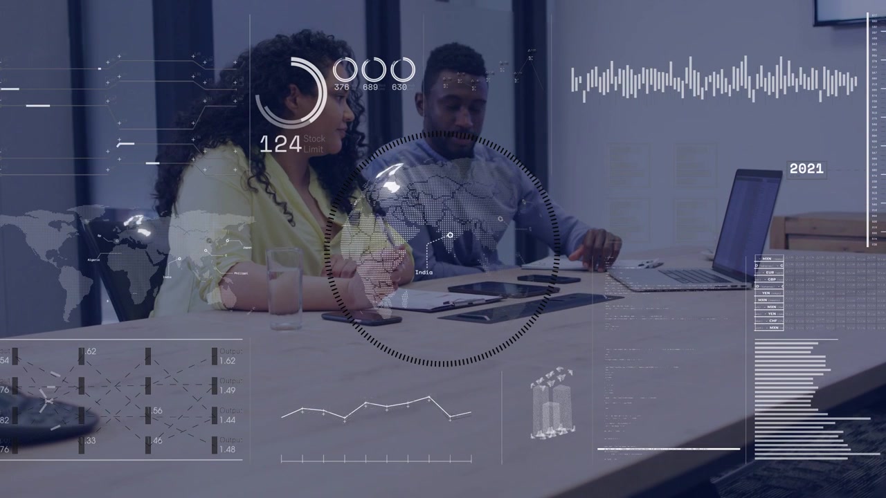 Man pointing at laptop and woman taking notes for business review, HUD charts rising then varying