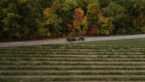 aerial view of a tractor driving along the vineyard