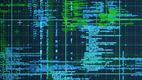 Animation of data processing over grid network against blue background