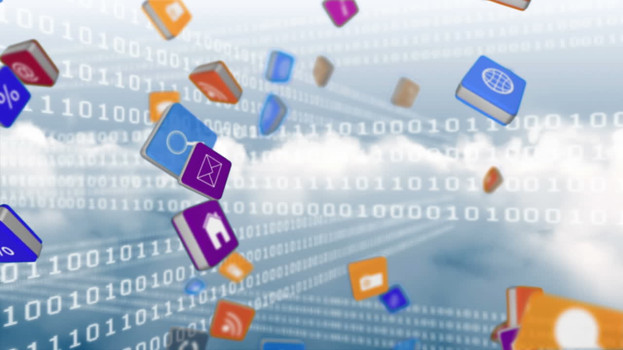 iconos de internet con códigos binarios en el cielo