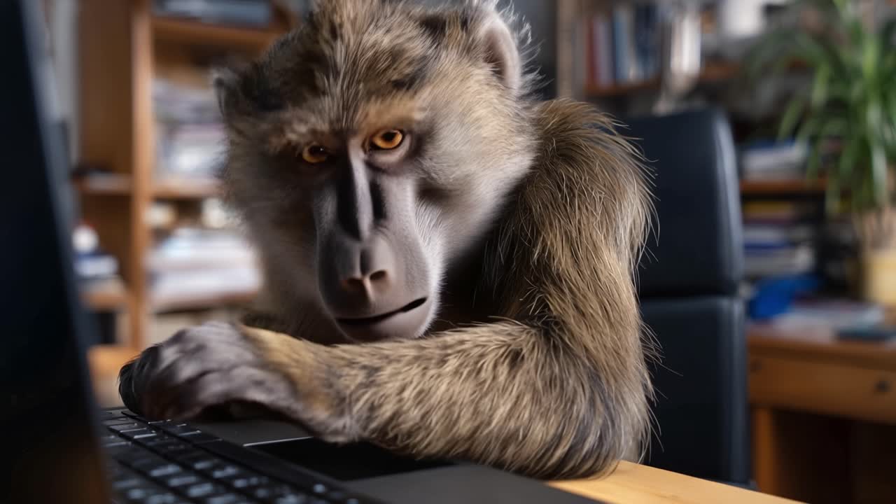 Baboon sits at a desk, staring at a laptop screen. It looks surprised, then amused, then delighted. The baboon's hand rests on the keyboard. Its expression shifts with each frame