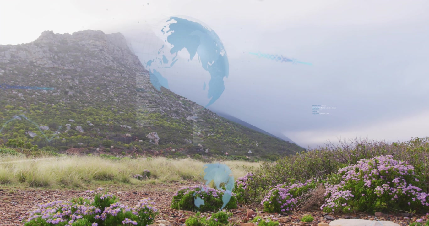 Hillside meadow under cloudy sky showing bars fading in, globe rotating, tech overlay receding