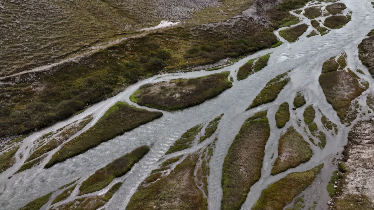 Aerial View of a Braided River System with Multiple Channels