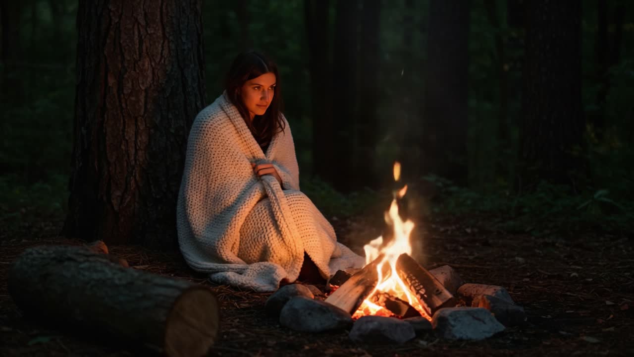 Woman sitting by a campfire in a dark forest