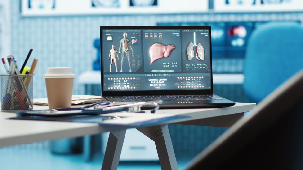 Professional medical office with diagnostic tools and a computer screen