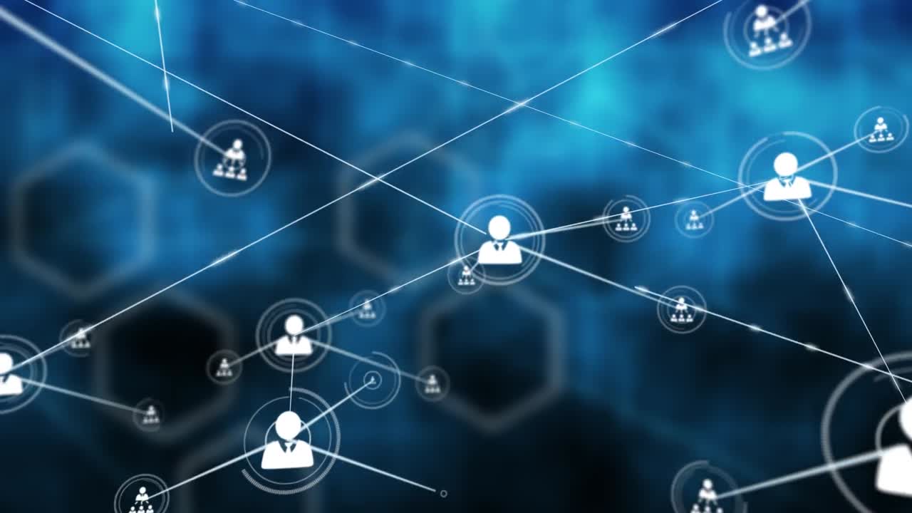 animación de la red de conexiones con iconos sobre formas sobre fondo negro