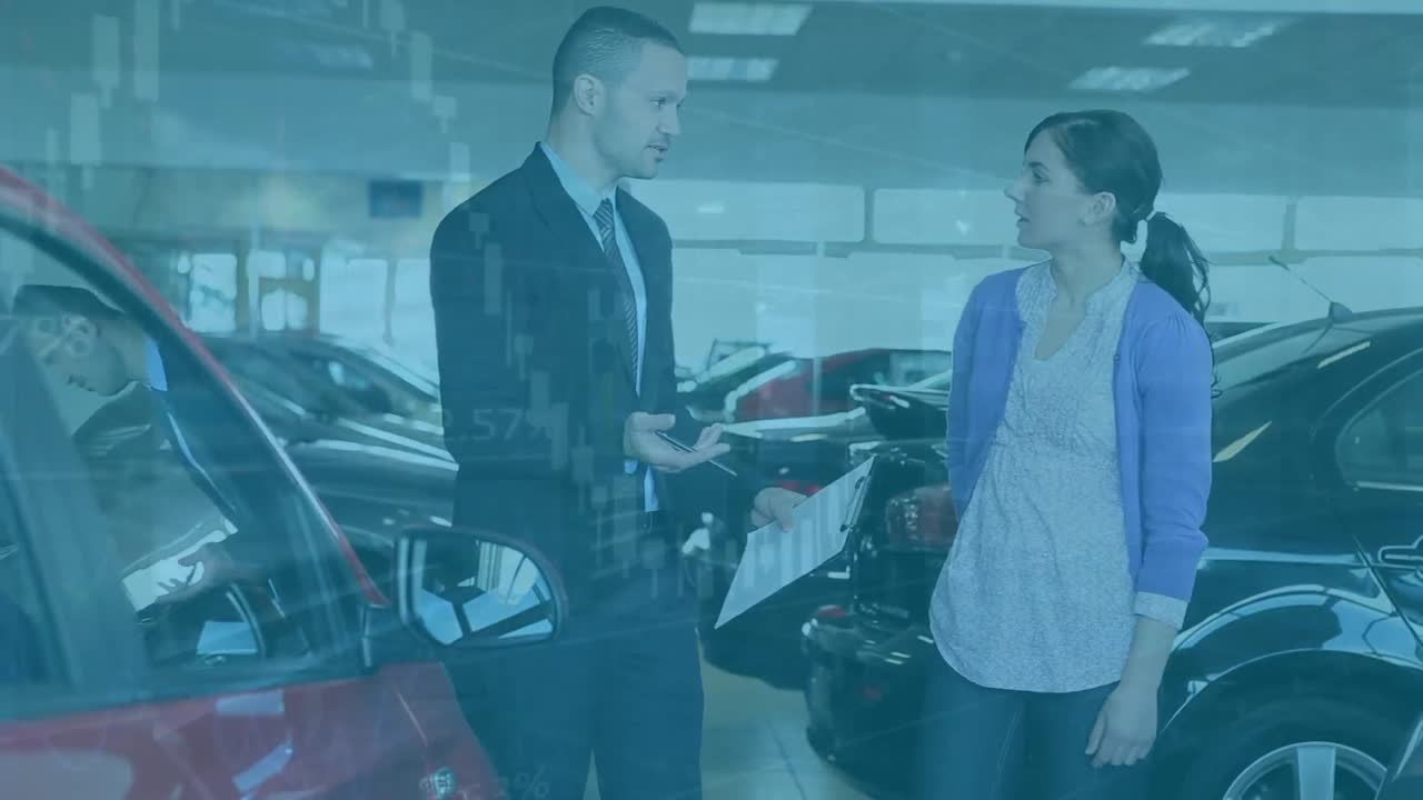 자동차 살롱에서 사업가와 함께 백인 여성에 대한 데이터 처리의 애니메이션