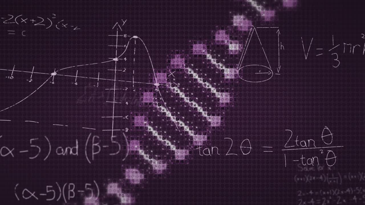 animación de ecuaciones matemáticas sobre la cadena de adn sobre un fondo negro