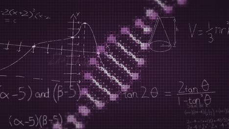 Animation-of-mathematical-equations-over-dna-strand-on-black-background