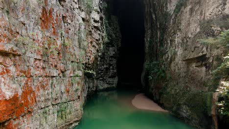 Arco-del-Tiempo,-Chiapas,-Mexico,-Sone-Arch,-cave,-River-in-Canyon,-Drone-Shot