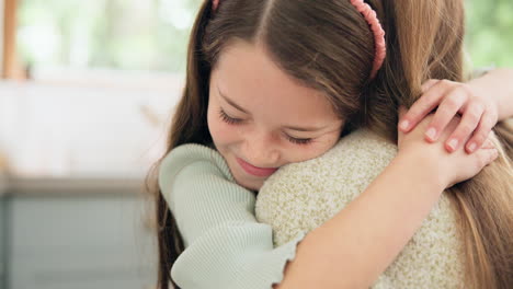 love, mom and girl hug with a smile or bonding