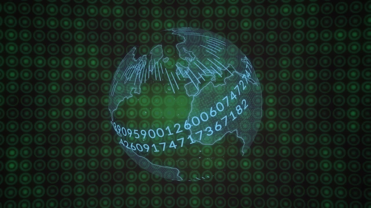 Animation of data processing and globe over glowing spots on black background