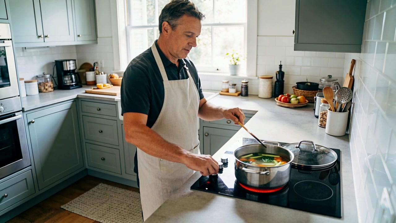 Mature Man Cooking Vegetable Soup in a Modern Kitchen