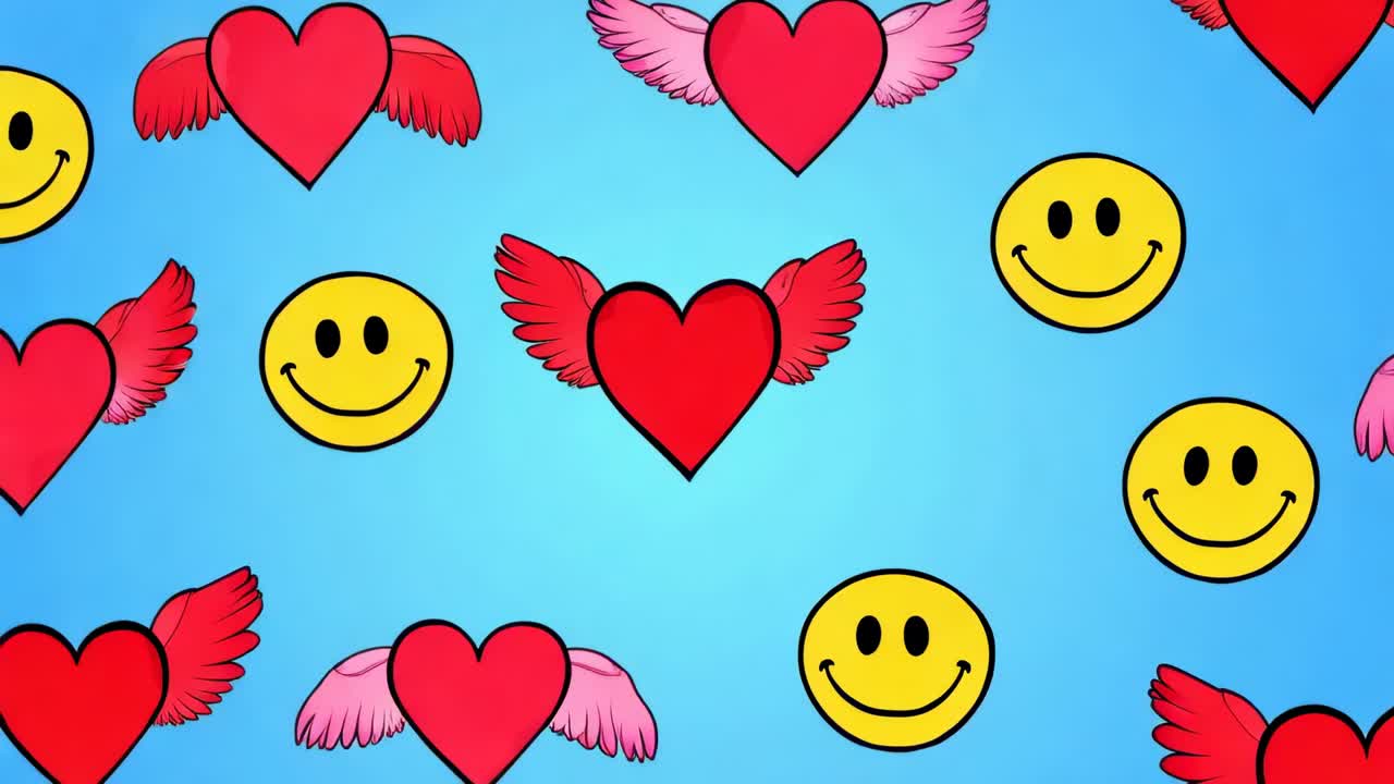 Loop starting, tiled icons drifting on blue gradient, showing red winged hearts and yellow smileys
