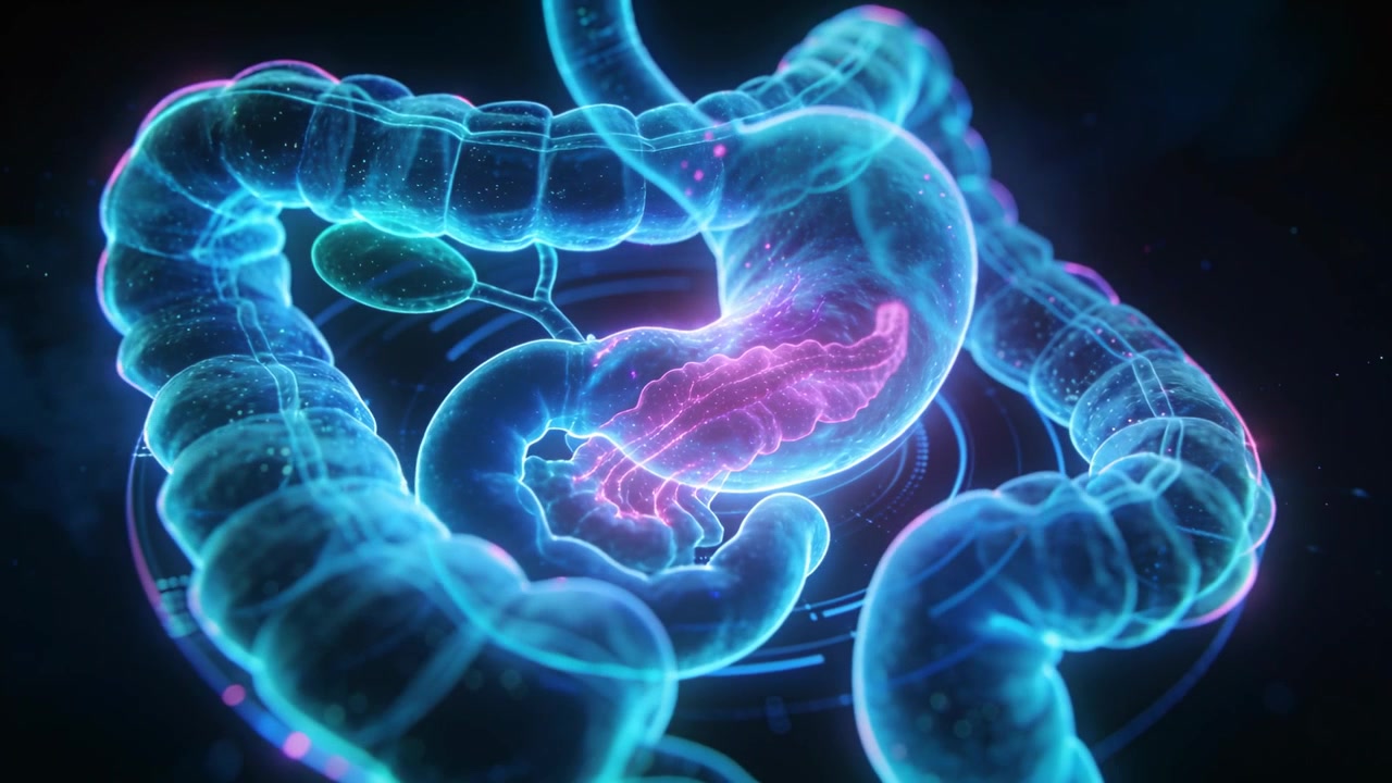 Inizio orbita della telecamera che rivela un modello di colon e stomaco in vista olografica, mostrando il bagliore del pancreas.