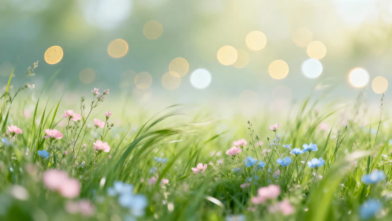 초원에서 부드러운 산들바람에 살랑이는 풀과 분홍색, 파란색 야생화, 따뜻한 보케.