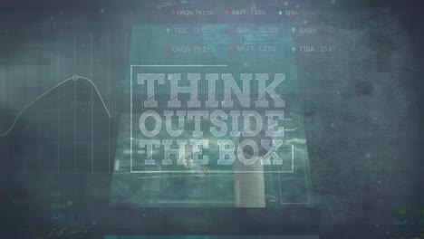 animation of think outside the box text over screens with data processing against grey background