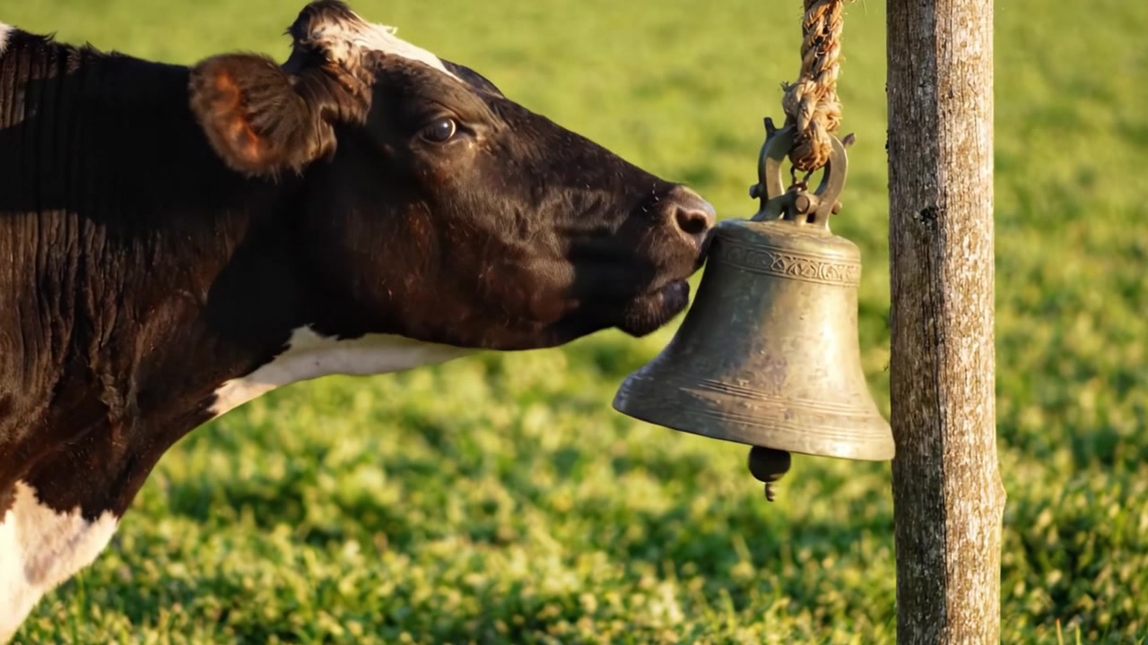 Una mucca curiosa osserva una campana vintage appesa in un sereno ambiente pastorale, catturando l'essenza della vita rurale e la tranquillità della natura