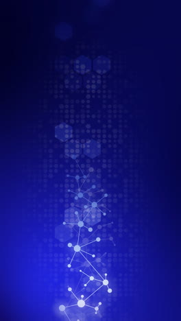 a plexus of dots, atom and molecule model on a blue background with blinking hexagons. copy space. loop animation. vertical video.