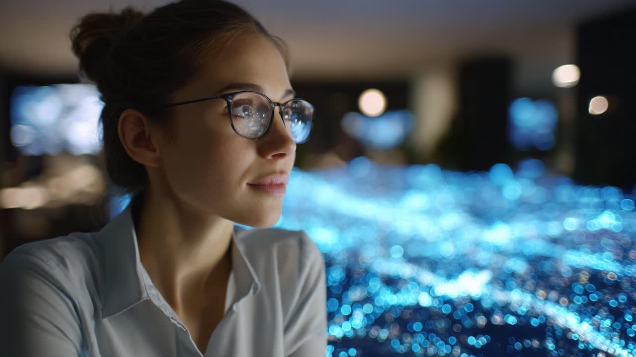 Contemplazione nel mondo digitale: una giovane donna guarda pensierosa verso una rete complessa e illuminata di luci che raffigura dati e connettività
