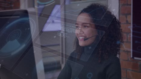 Animation-of-data-processing-over-biracial-businesswoman-using-phone-headset