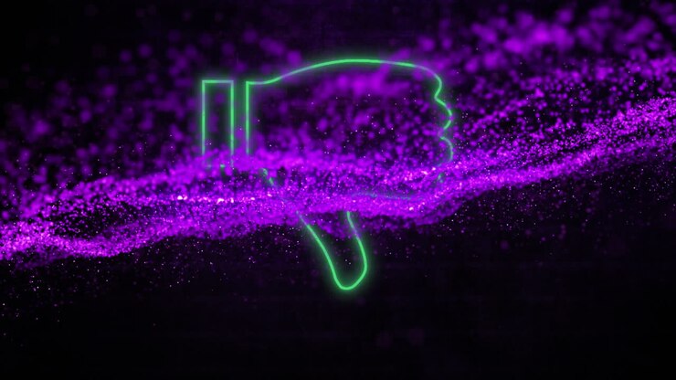 Animation of neon green dislike icon and purple glowing digital wave against brick wall background