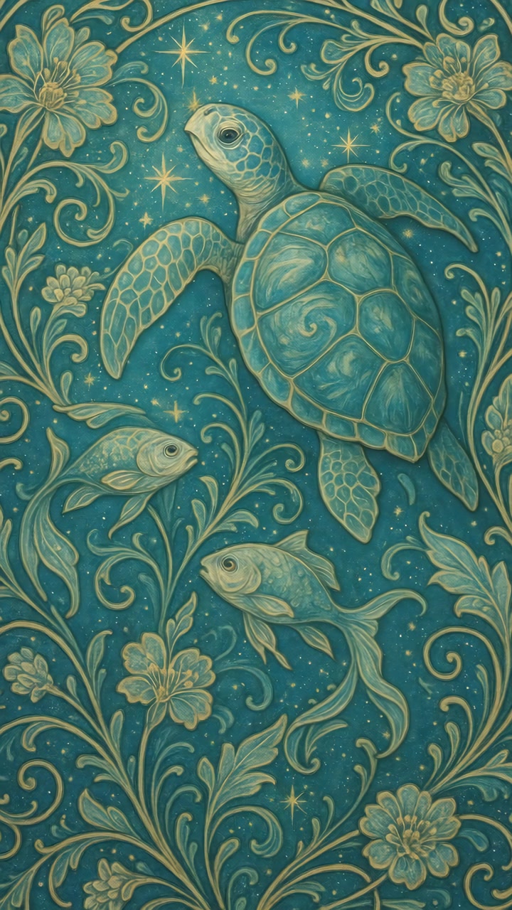 Artistic Illustration of a Sea Turtle and Fish in Ornate Floral Style