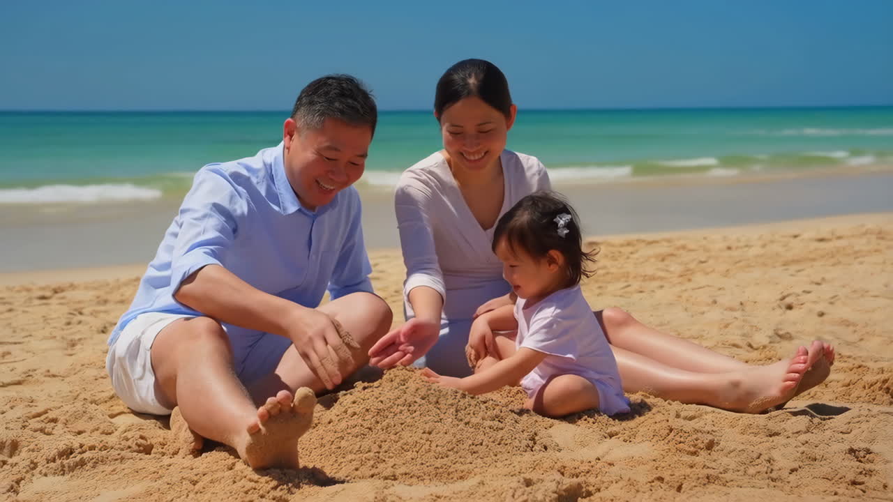 해변에서 가족의 즐거운 시간